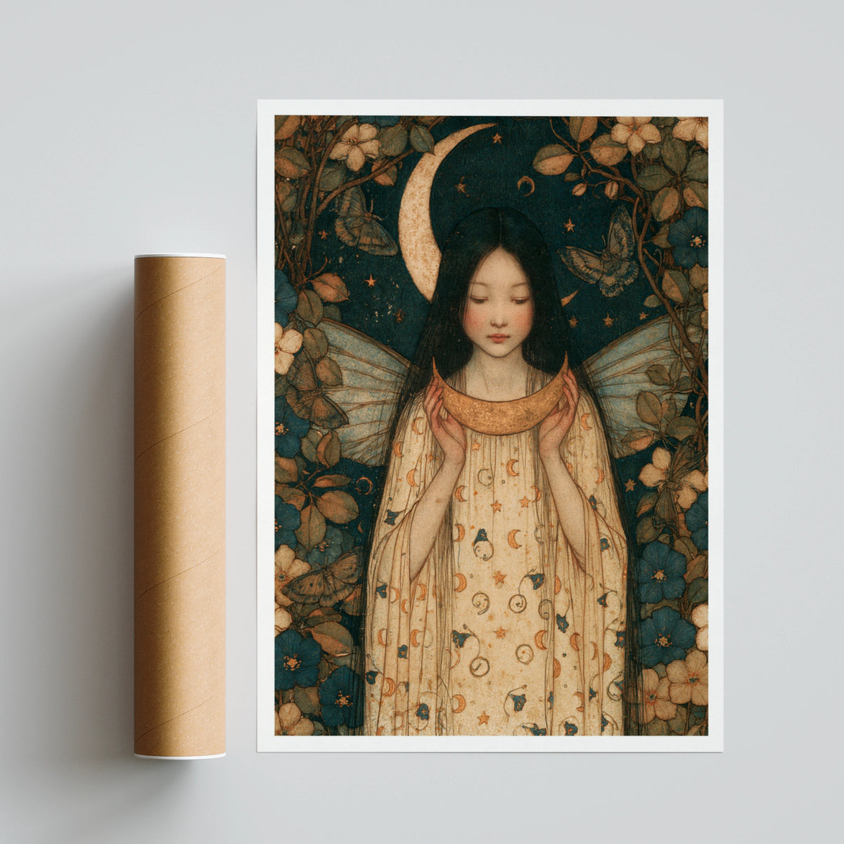Moon Fairy Art Print, Celestial Fairy Girl Poster, Vintage Folk Wall Art, Floral Botanical
