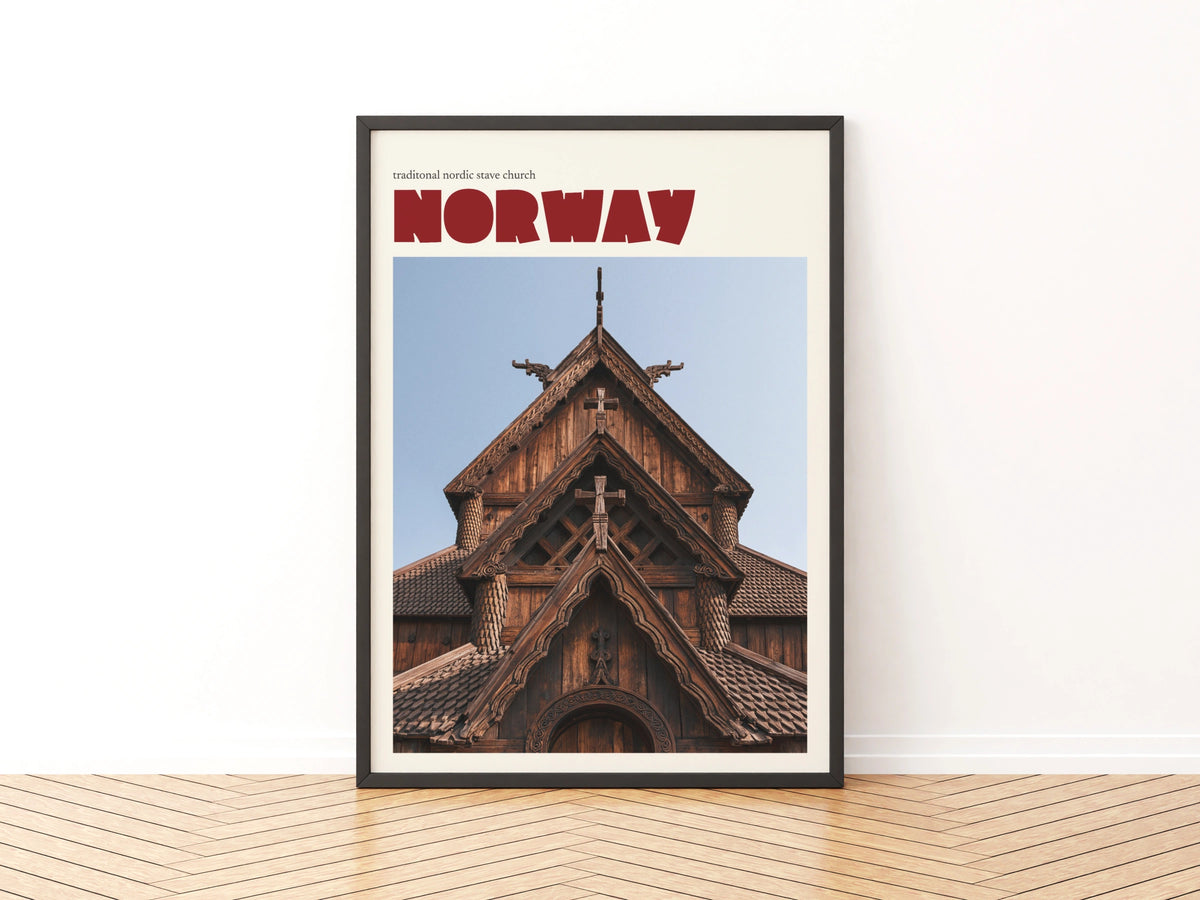 Norway Stave Church Poster, Vintage Travel Print, Nordic Wall Art, Retro Scandinavian Decor