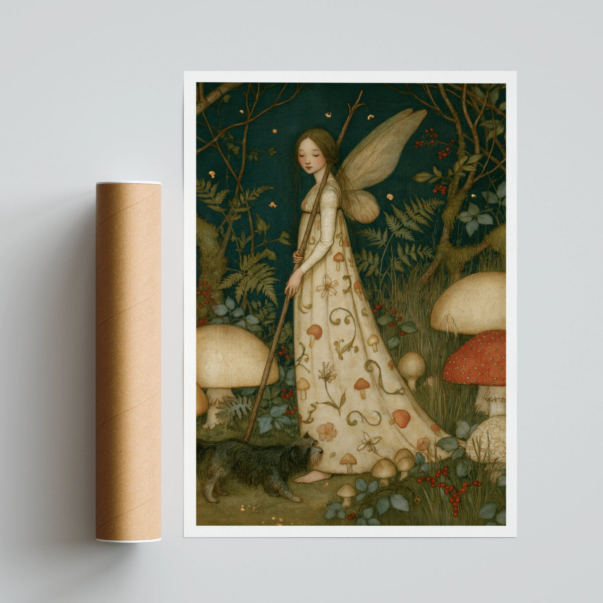 Mushroom Fairy Forest Print, Classic Inspired Botanical Folk Art Poster, Cottagecore Wall Art