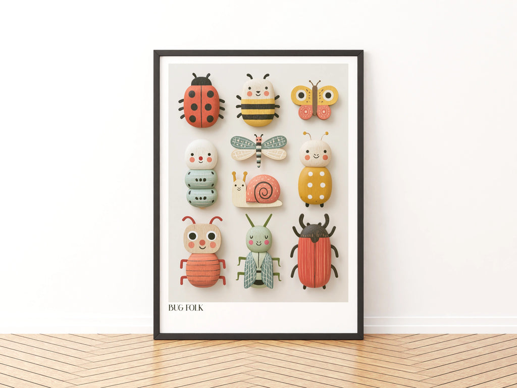 Bug Folk Kids Wall Art, Retro Wooden Toy Insect Print, Children's Collectable Poster