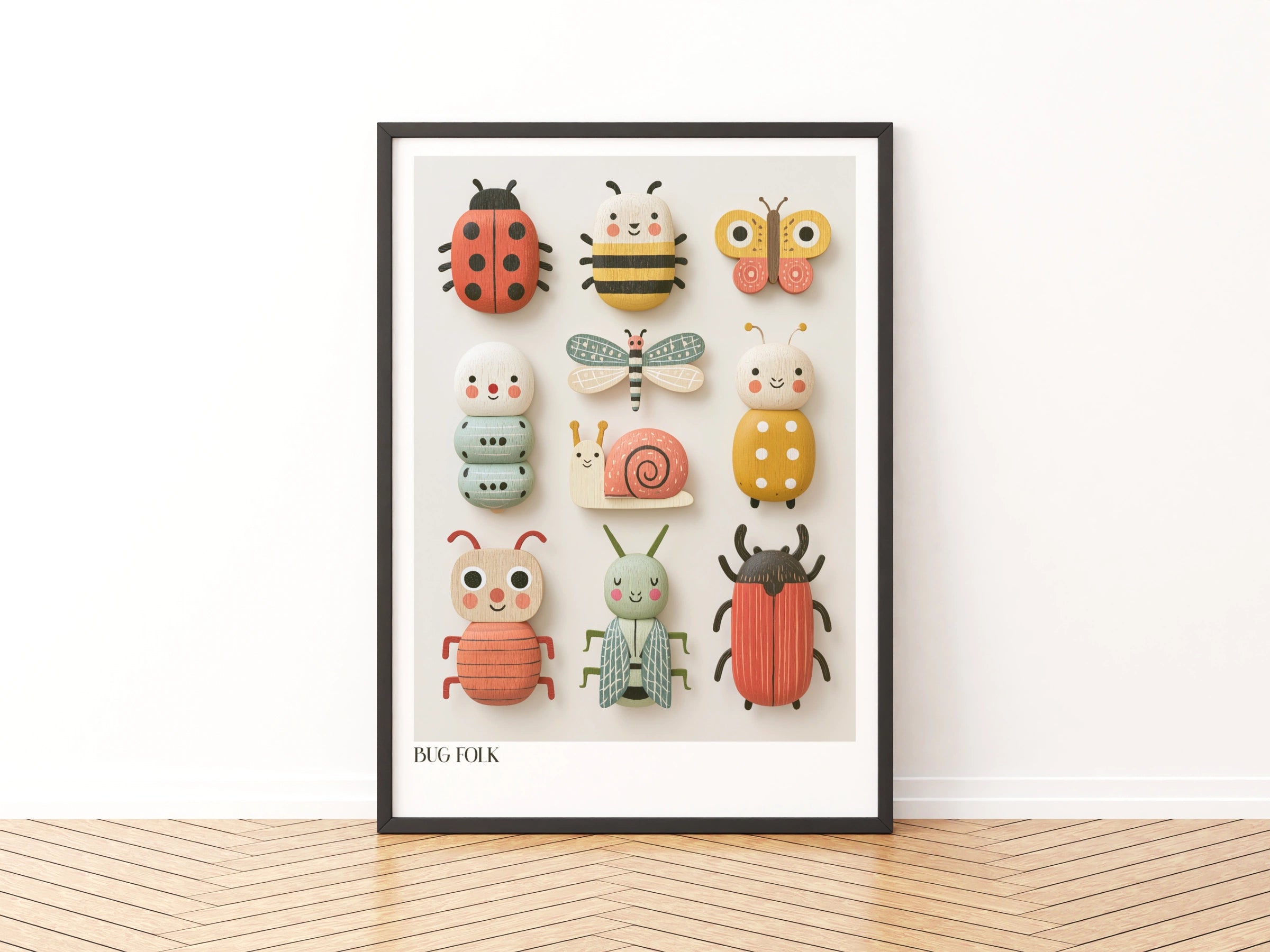 Bug Folk Kids Wall Art, Retro Wooden Toy Insect Print, Children's Collectable Poster