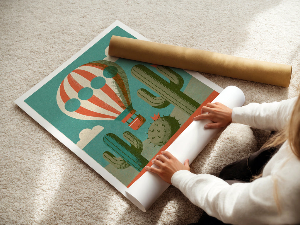 Albuquerque Retro Travel Poster, New Mexico Hot Air Balloon Cactus Desert Wall Art Print