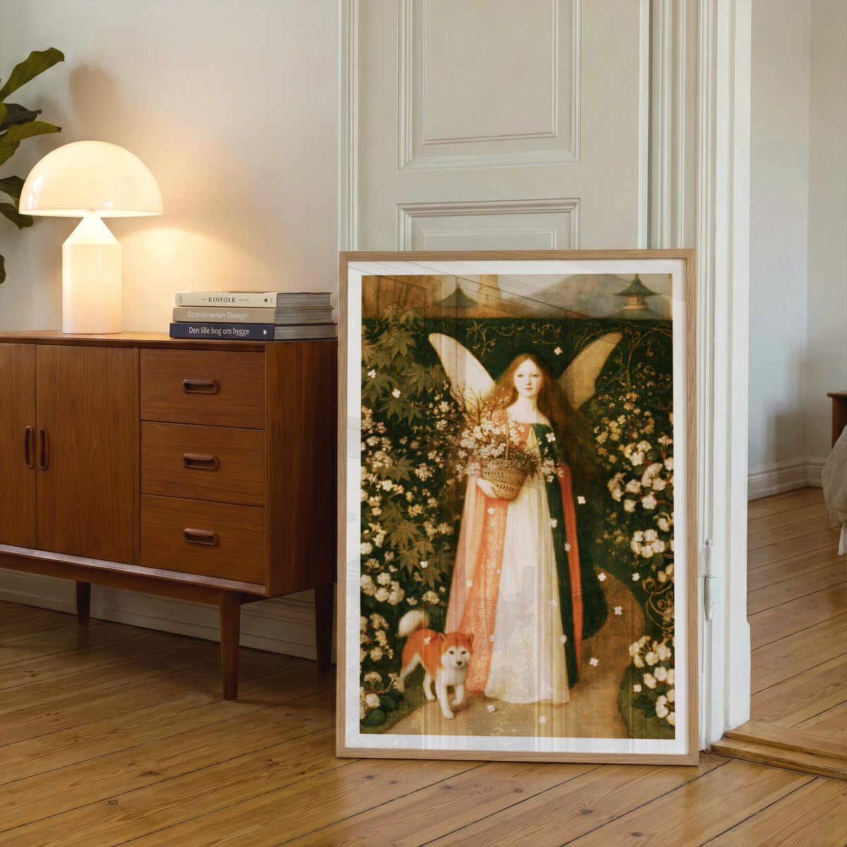 Fairy Girl with Shiba Inu Art Print, Cherry Blossom Angel Poster, Classic Inspired Floral Wall Art