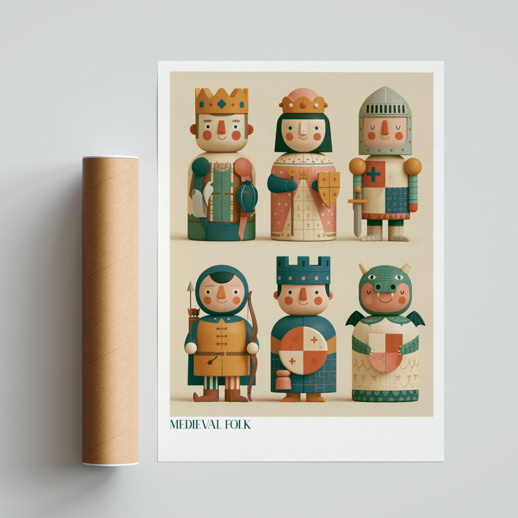 Medieval Folk Kids Wall Art, Retro Children's Print, Knight King Dragon Nursery Poster