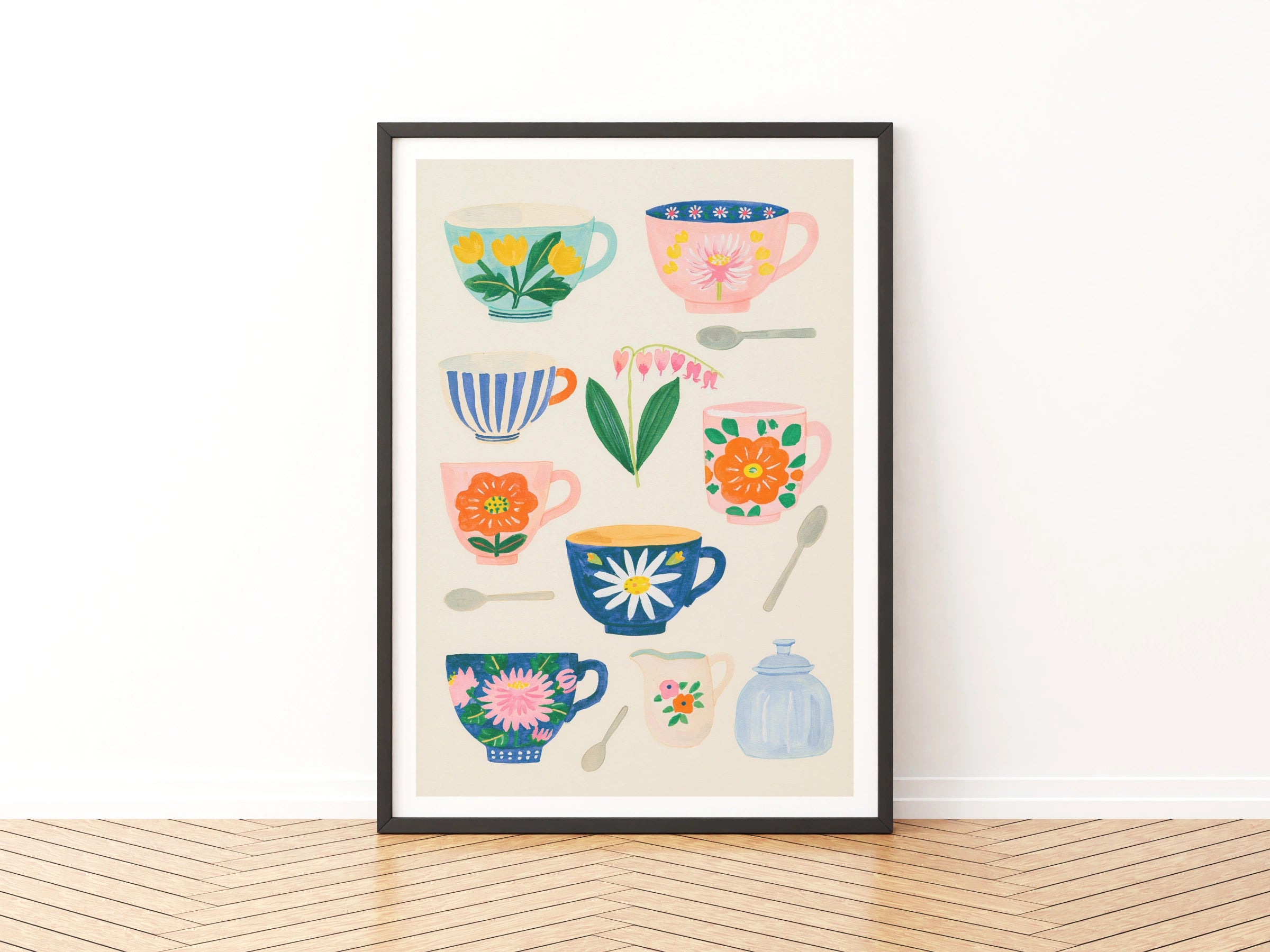 Vintage Tea Cup Poster Print | Rustic Kitchen Decor | Retro Mid Century Risograph Floral