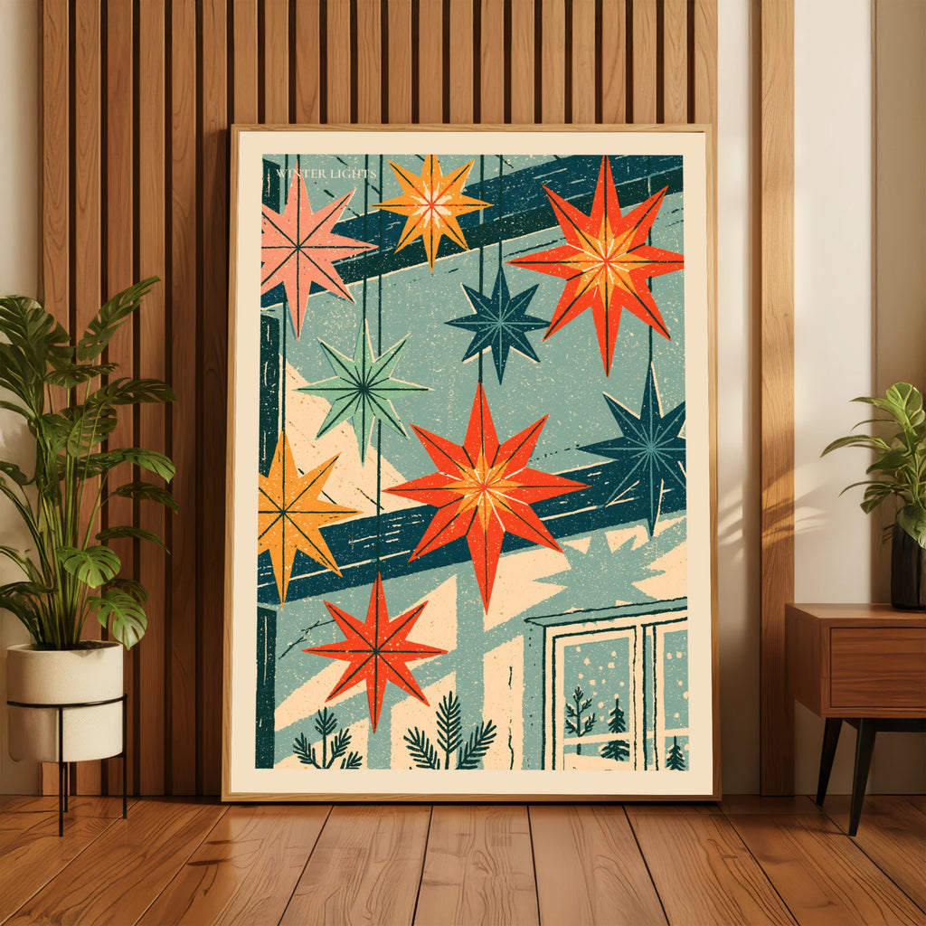 Winter Lights Retro Star Poster, Vintage Christmas Wall Art, Festive Holiday Print