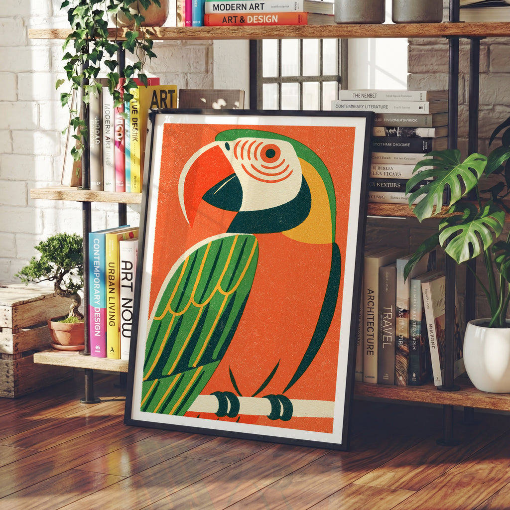 Retro Parrot Print, Vintage Macaw Wall Art, Tropical Bird Poster, Orange Green Matchbox Style Art