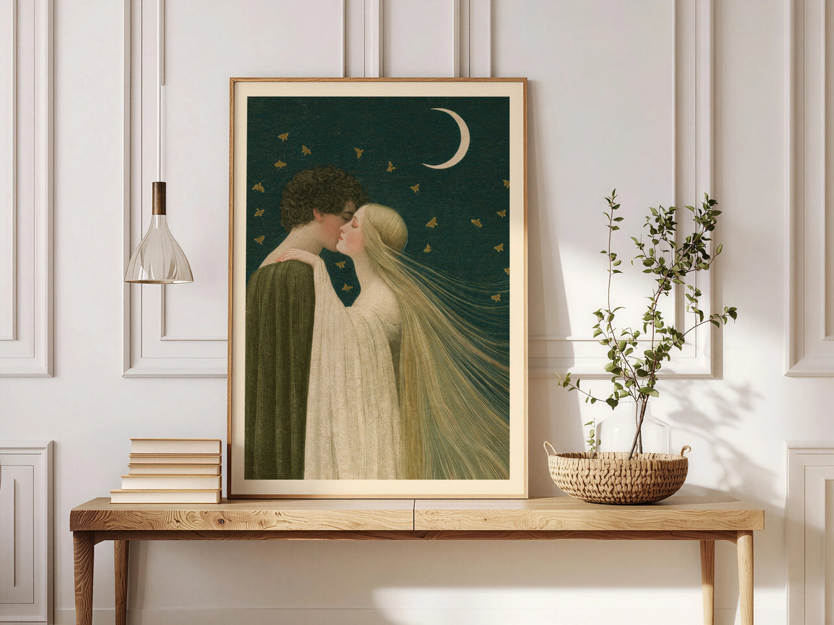 Romantic Couple Kissing Under Crescent Moon, Vintage Art Nouveau Print, Moths, Night Sky Wall Art