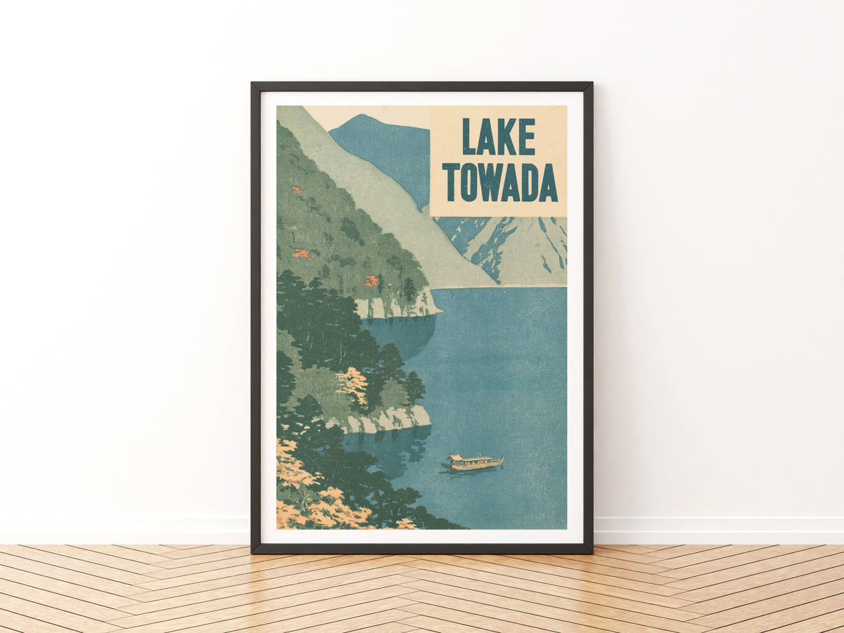 Retro Lake Towada Japan Travel Poster, Vintage Travel Woodblock Style Print, Japanese Wall Art
