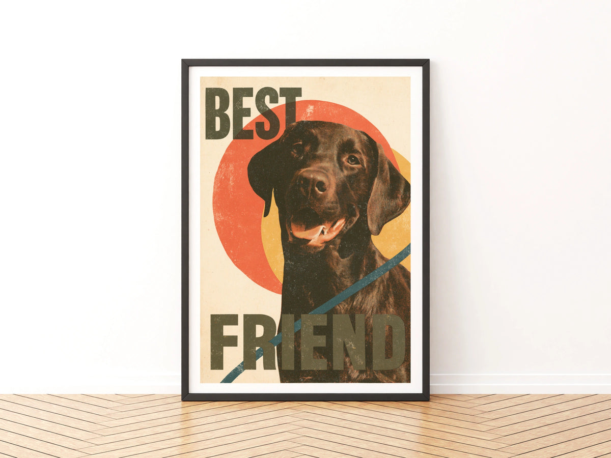 Retro Labrador Print, Best Friend Dog Wall Art, Chocolate Lab Gift, Vintage Style