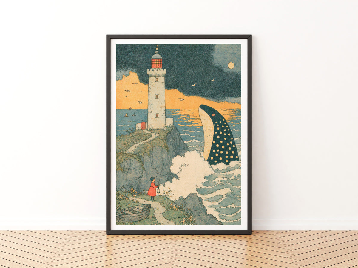 Vintage Storybook Lighthouse Print, Whale Illustration, Coastal Nursery Wall Art, Child with