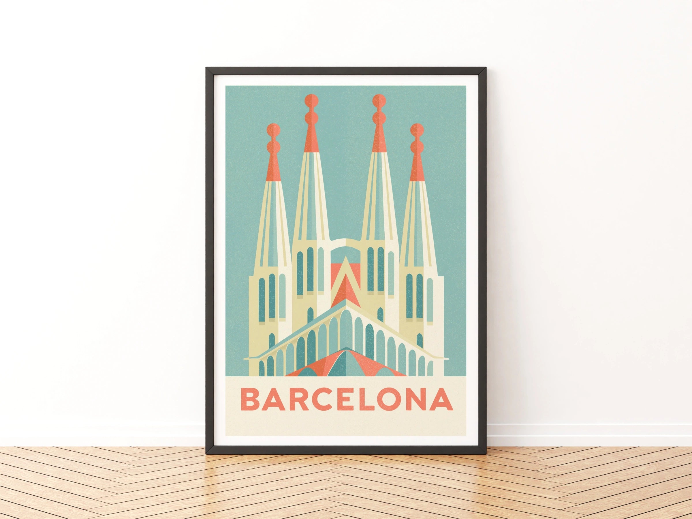 Barcelona Retro Travel Poster, Sagrada Familia Spain Wall Art Print, Teal