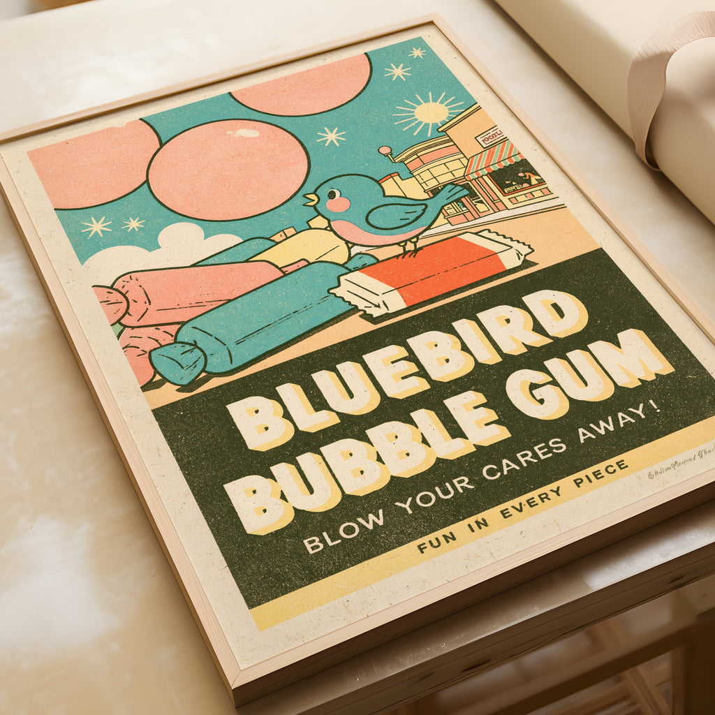 Contemporary Bluebird Bubble Gum Print, Retro Sweet Shop Wall Art, Kitchen Diner Decor