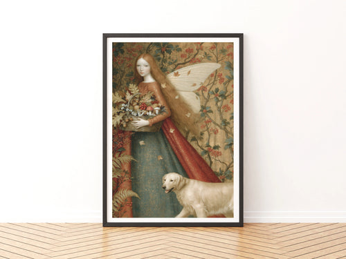 Autumn Fairy Print, Classic Inspired Folk Art Poster, Red Hair Fairy Dog Wall Art