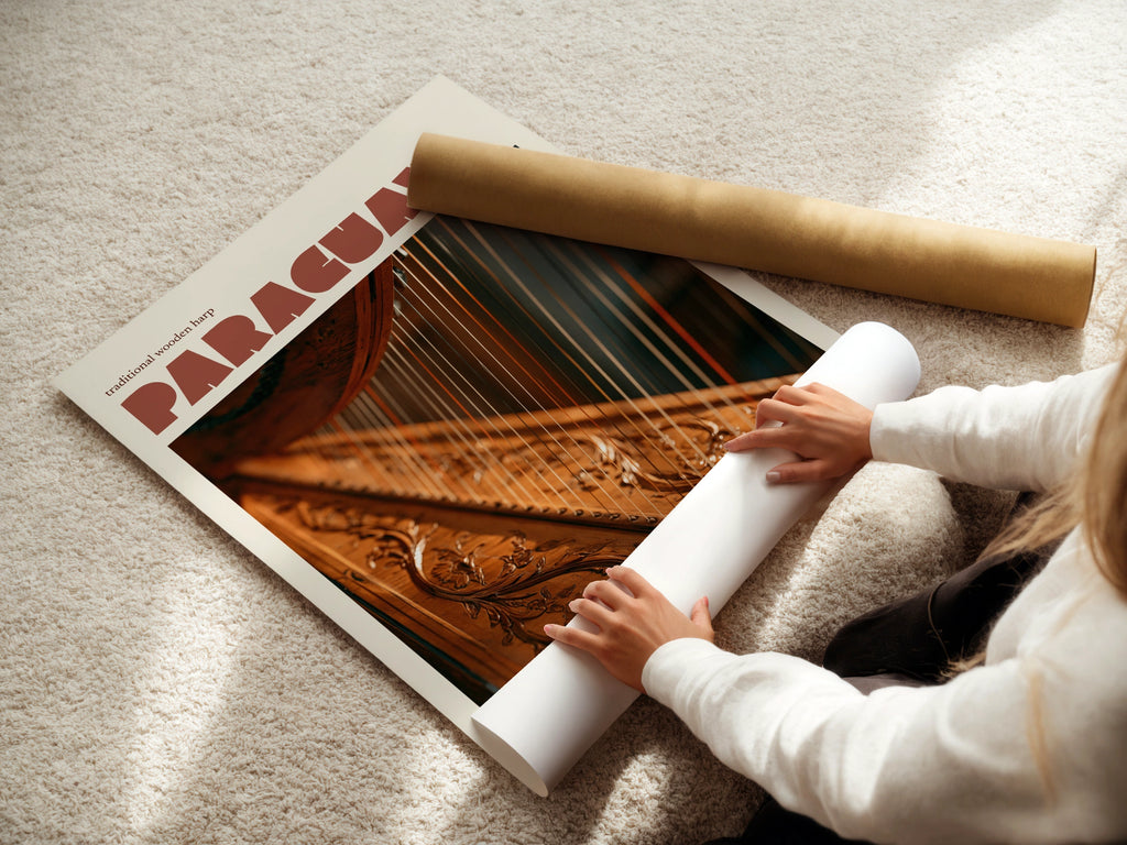 Paraguay Retro Travel Poster, Traditional Wooden Harp Print, South America Wall Art