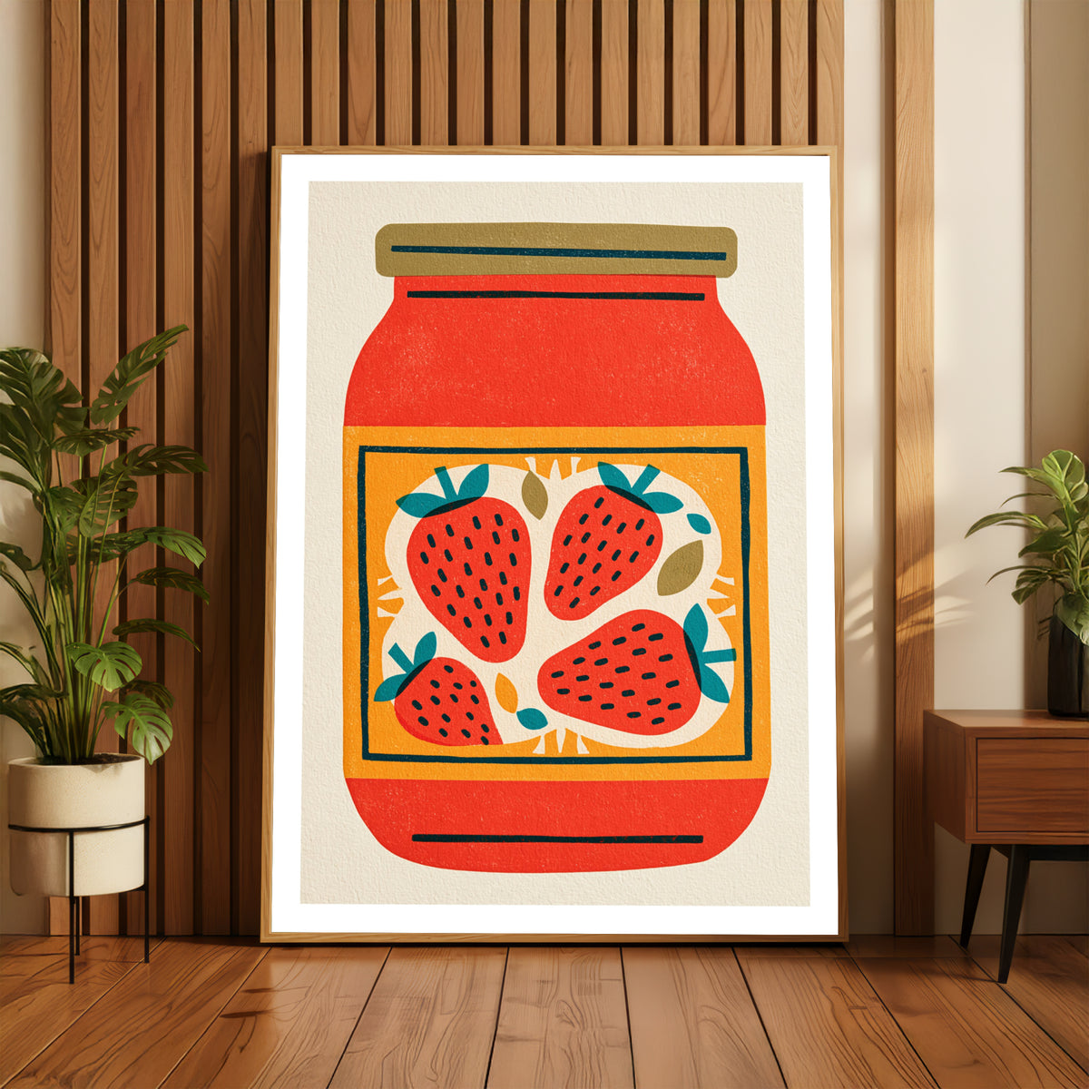 Vintage Food Poster Print, Strawberry Jam Jar, Rustic Kitchen Decor, Retro Mid Century Risograph Art