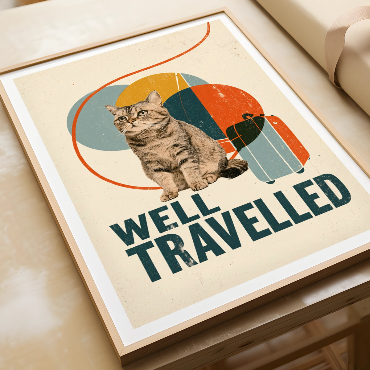 Well Travelled Retro Cat Print, Vintage Travel Wall Art, Funny Cat Gift, Folk Style
