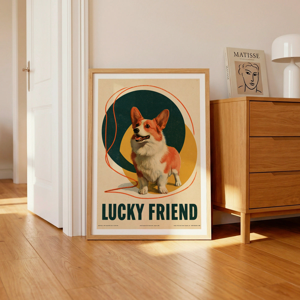 Retro Corgi Poster, Lucky Friend Dog Print, Vintage Style Pet Wall Art, Teal Gold Folk