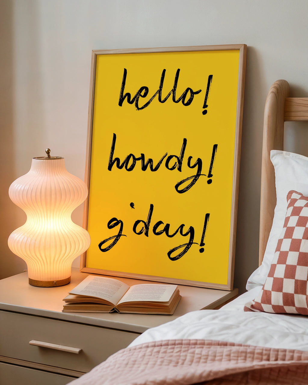 Hello Howdy G'day Typography Print, Bold Yellow Black Fun Quote Wall Art