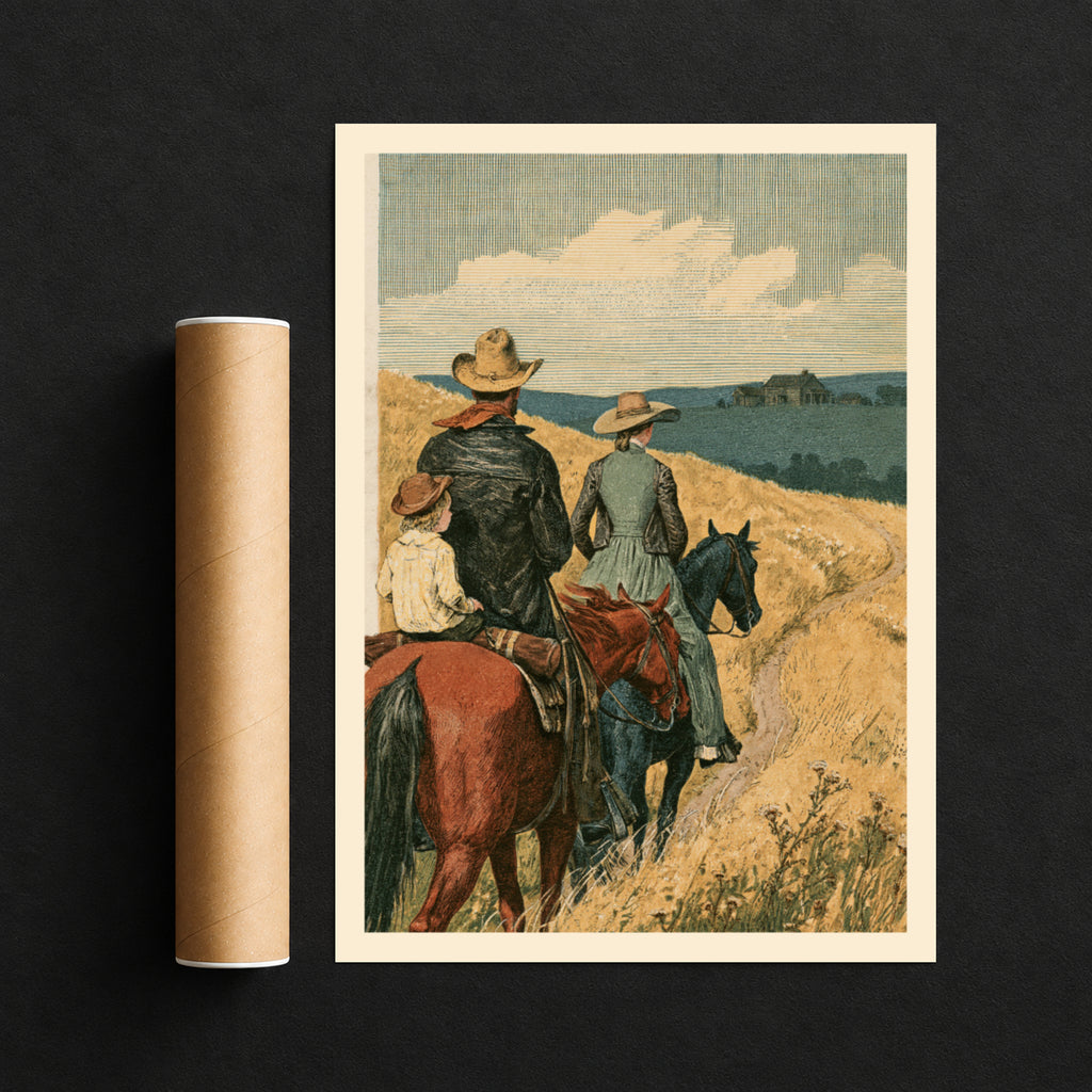 Vintage Western Print, Cowboy Family on Horseback, Prairie Landscape, Rustic Ranch Wall Art Poster