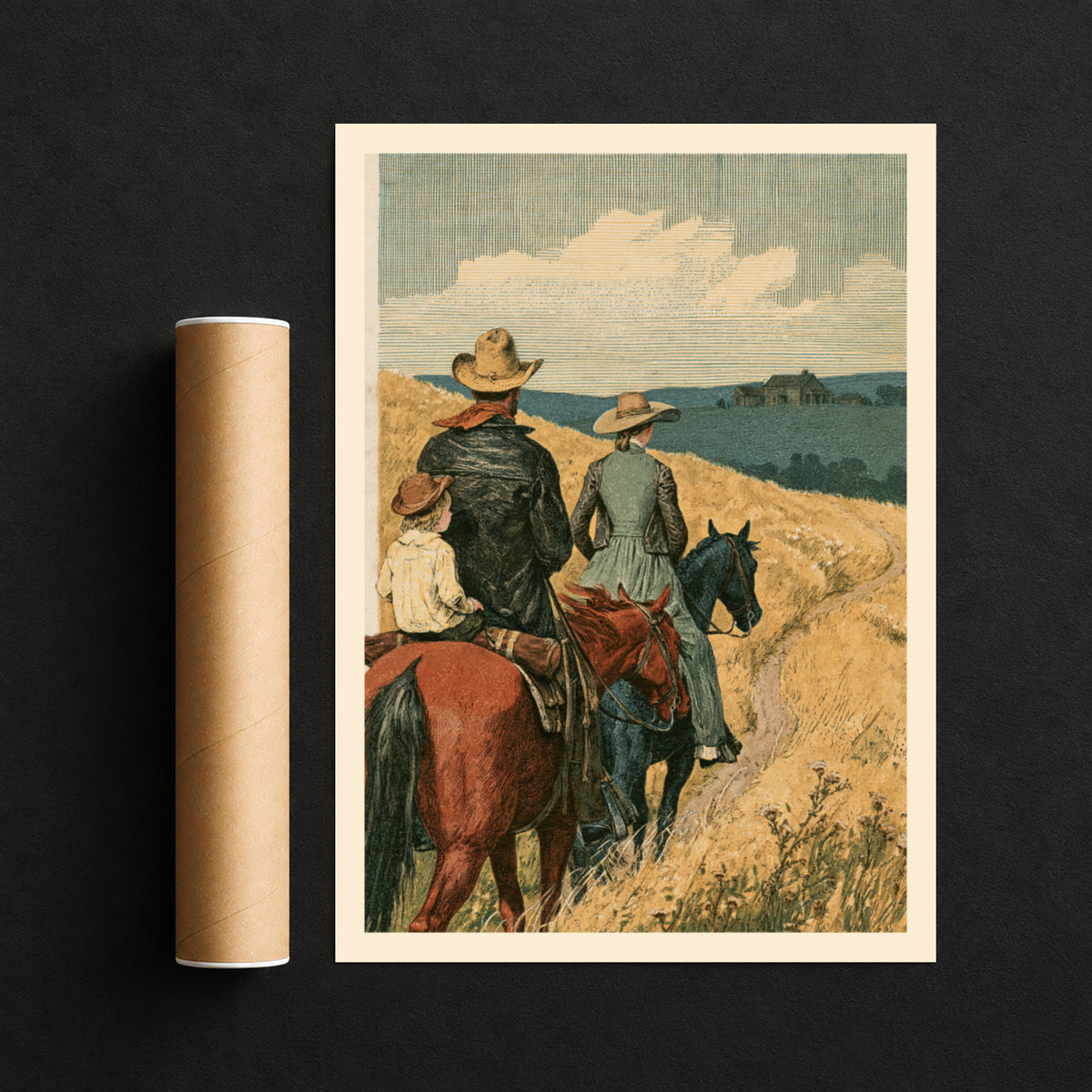 Vintage Western Print, Cowboy Family on Horseback, Prairie Landscape, Rustic Ranch Wall Art Poster