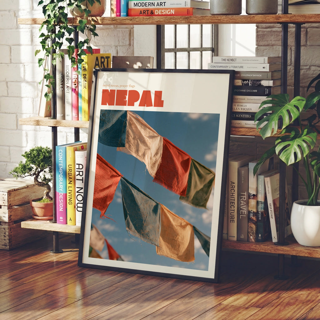 Nepal Prayer Flags Contemporary Travel Poster, Himalayan Wall Art, Vintage Travel Print