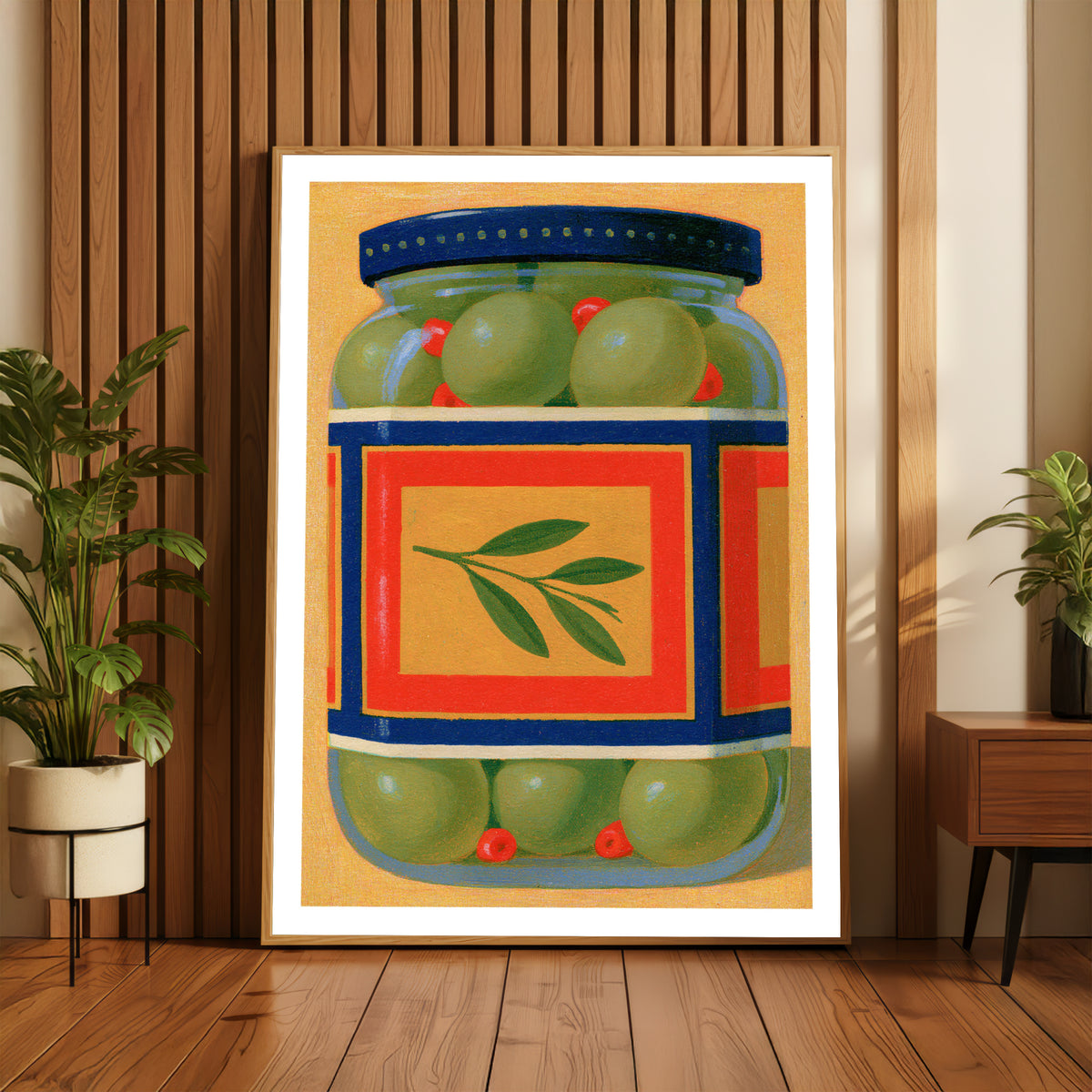 Vintage Food Poster Print, Green Olive Jar Art, Rustic Kitchen Decor, Retro Mid Century Risograph