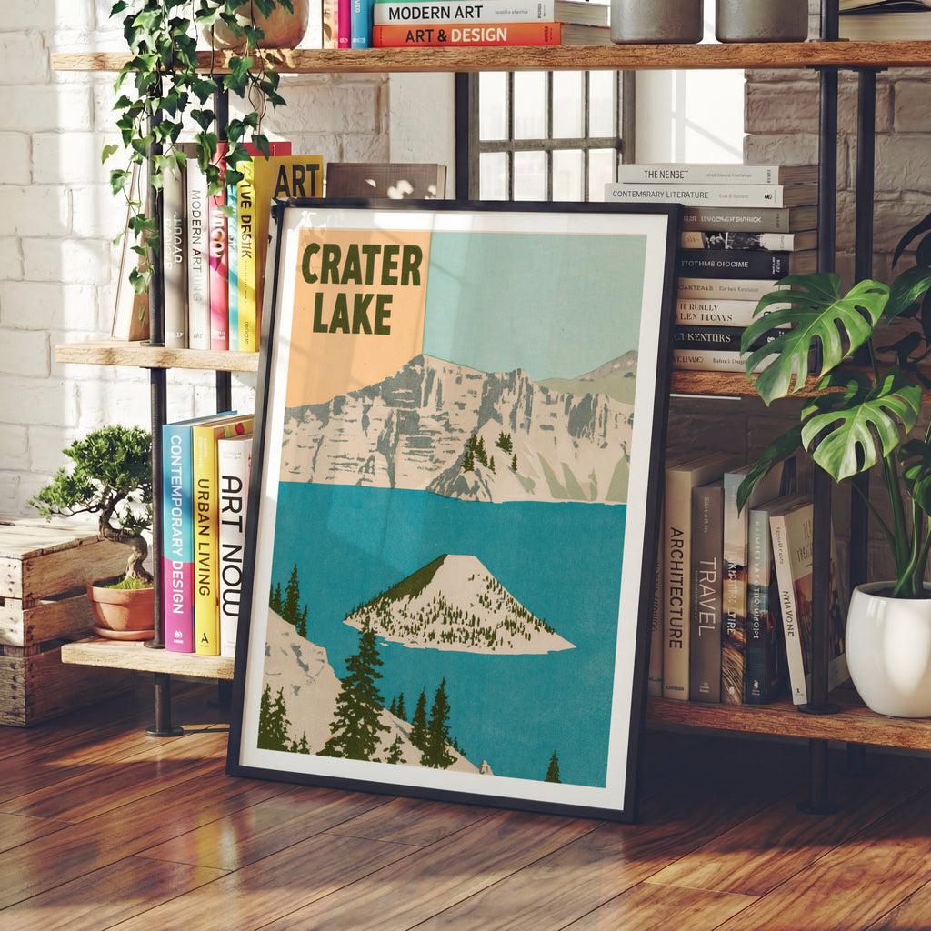 Retro Crater Lake Poster, Vintage Travel Print, Oregon National Park Wall Art, Wizard Island