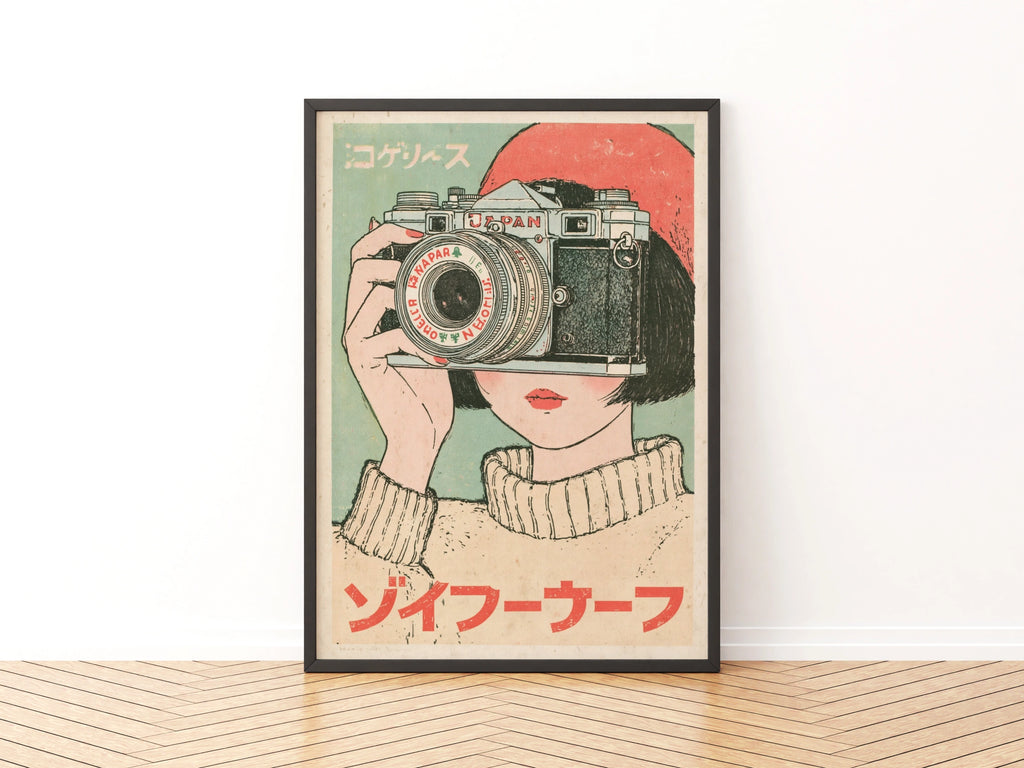 Vintage Japanese Camera Poster, Retro Boho Japan Photography Wall Art Print, Anime Girl