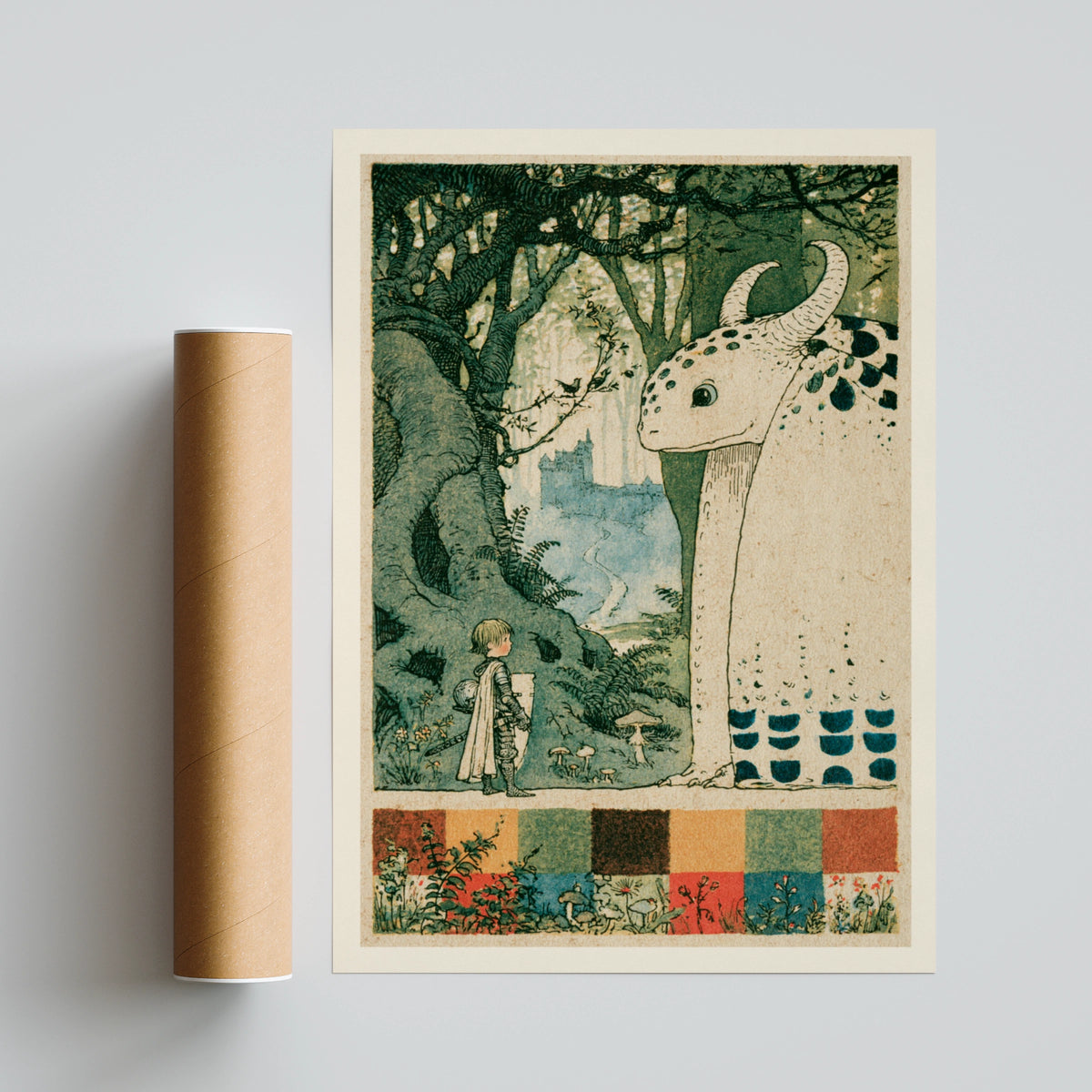 Retro Children's Dragon Knight Print, Vintage Folk Tale Wall Art, Kids Fantasy Poster George and the Dragon