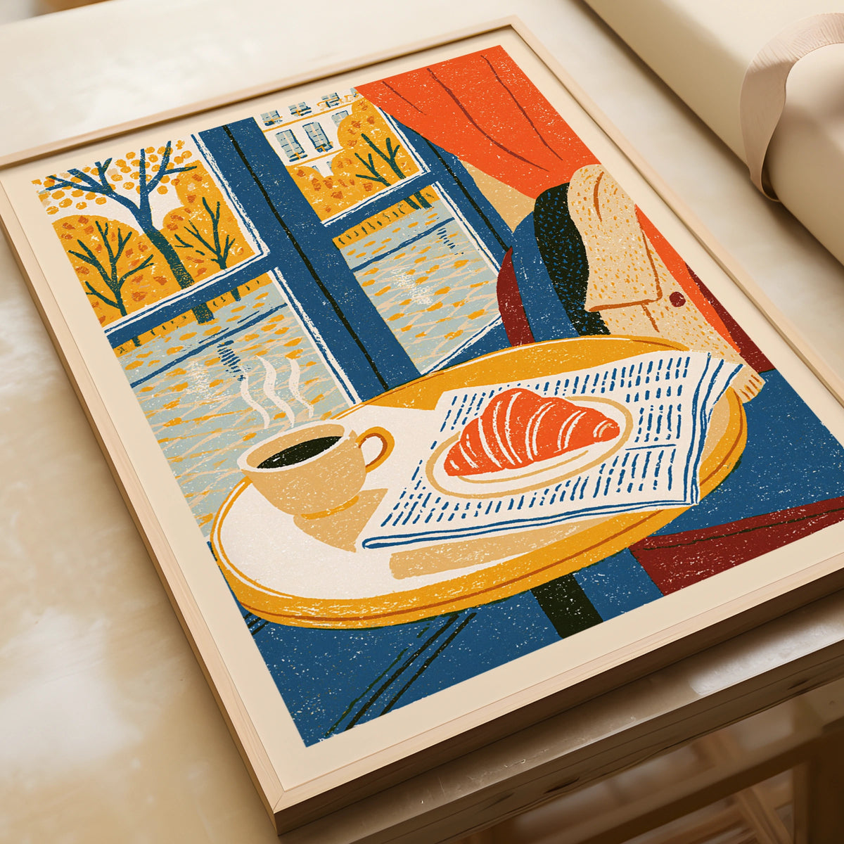 Vintage Food Poster Print, Paris Cafe Croissant Coffee, Rustic Kitchen Decor, Retro Mid Century