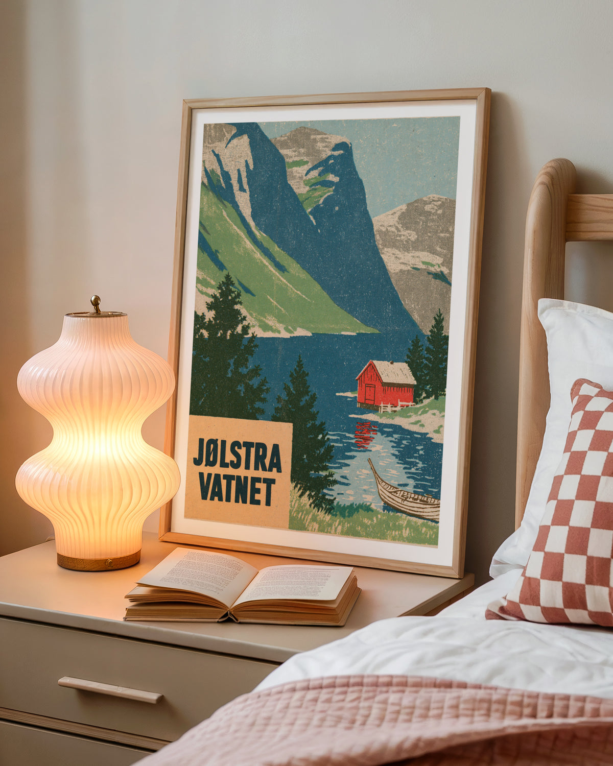 Retro Norway Fjord Poster, Jølstravatnet Lake Print, Vintage Travel Scandinavian Mountain Wall Art