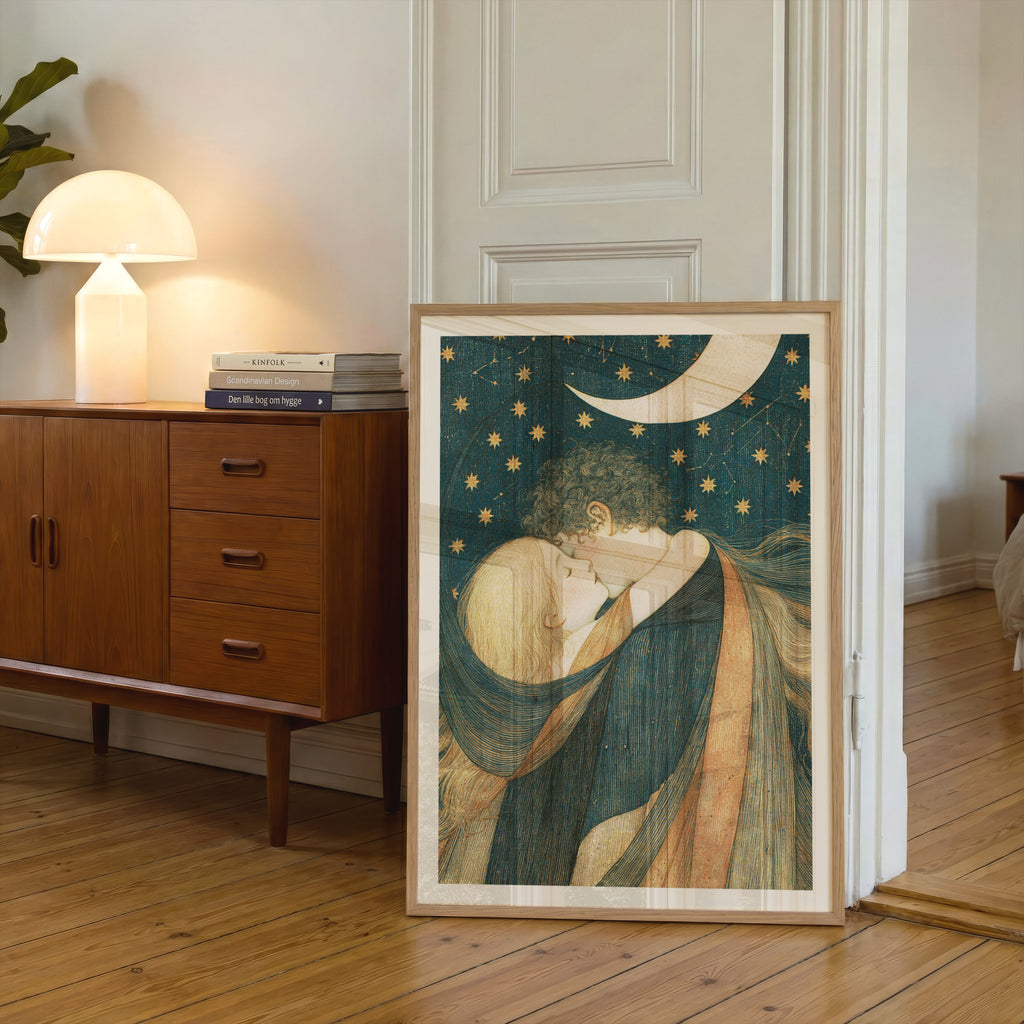 Celestial Lovers Art Print, Crescent Moon and Stars Wall Art, Vintage Romantic Embrace Poster