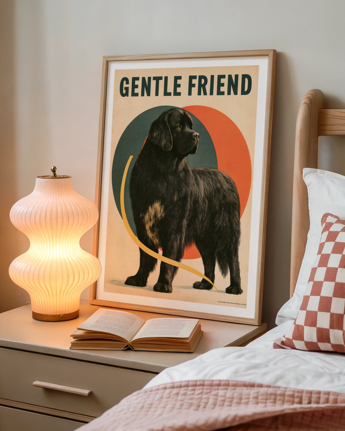Retro Newfoundland Dog Poster, Gentle Friend Black Dog Print, Vintage Folk Wall Art