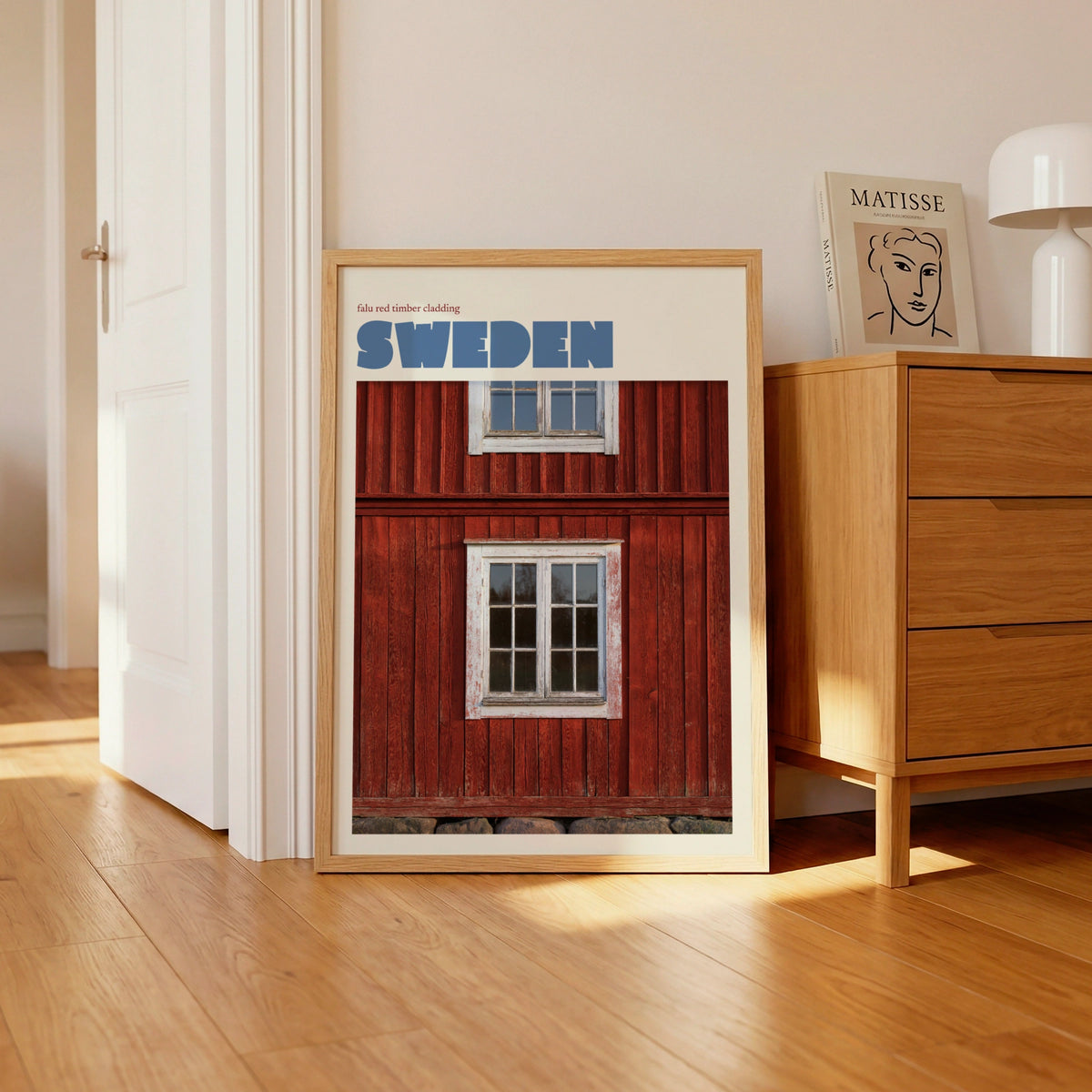 Sweden Travel Poster, Retro Falu Red Timber Print, Scandinavian Wall Art Decor