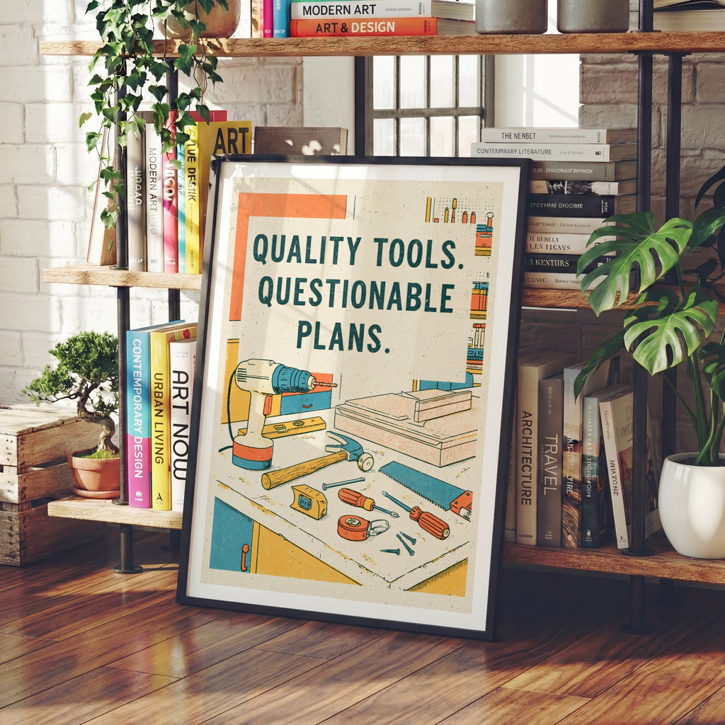 Quality Tools Questionable Plans Retro Poster, Funny Workshop Wall Art Print, Man Cave Gift