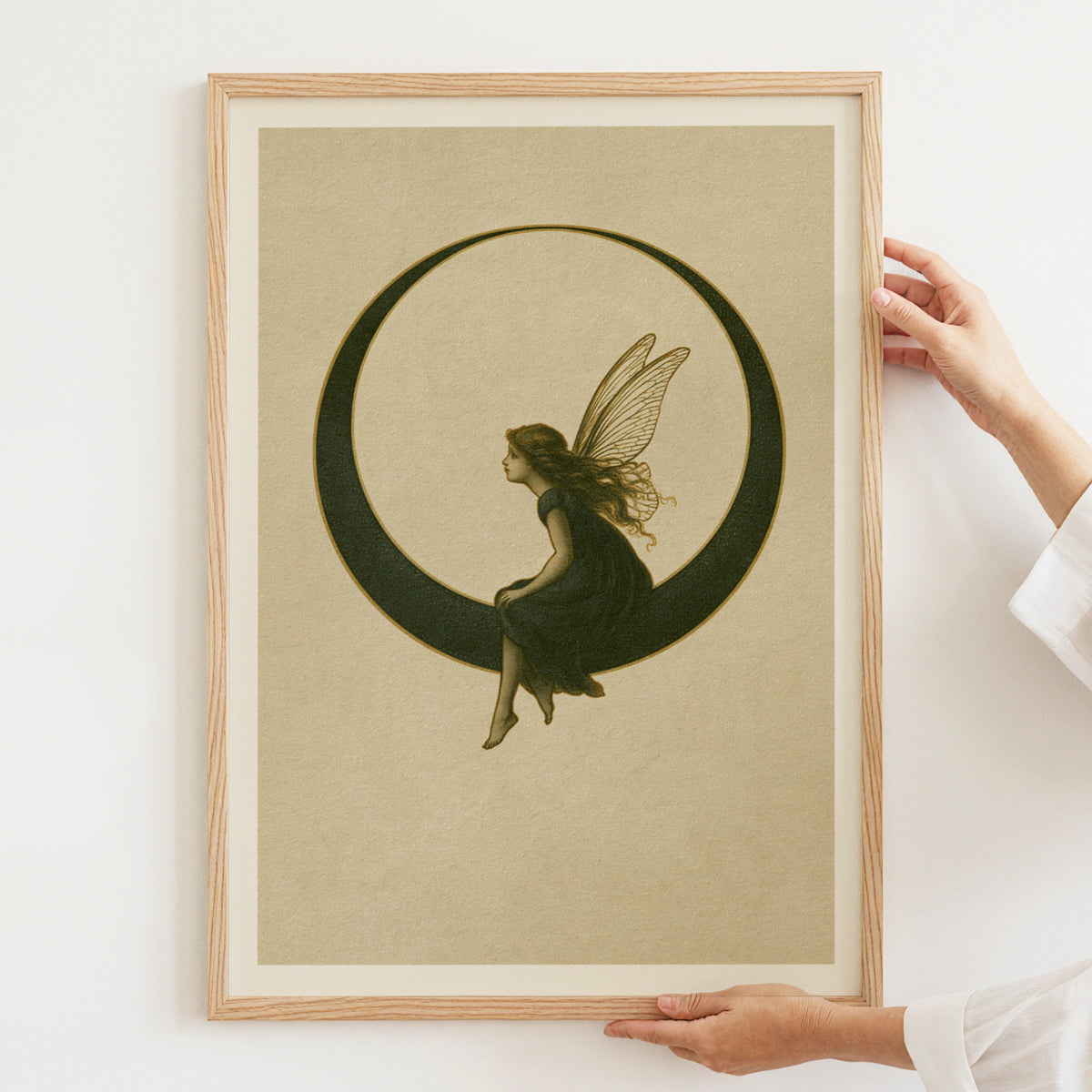 Fairy on Crescent Moon Art Print, Vintage Fairycore Poster, Celestial Wall Art, Whimsical Nursery