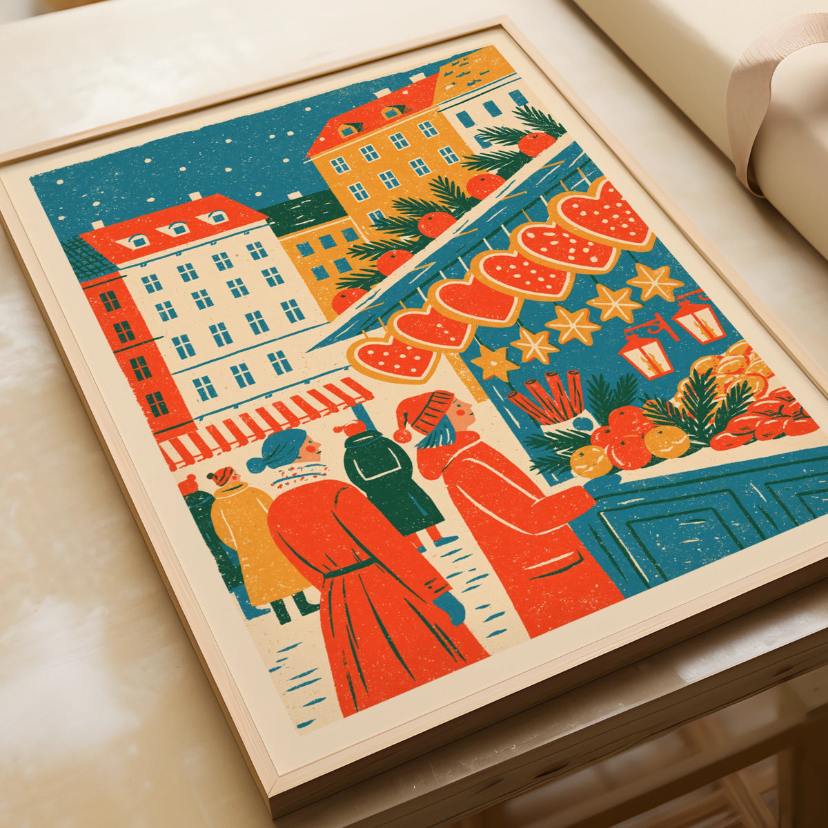 Vintage Food Poster Print, Christmas Market Stall, Rustic Kitchen Decor, Retro Mid Century Risograph