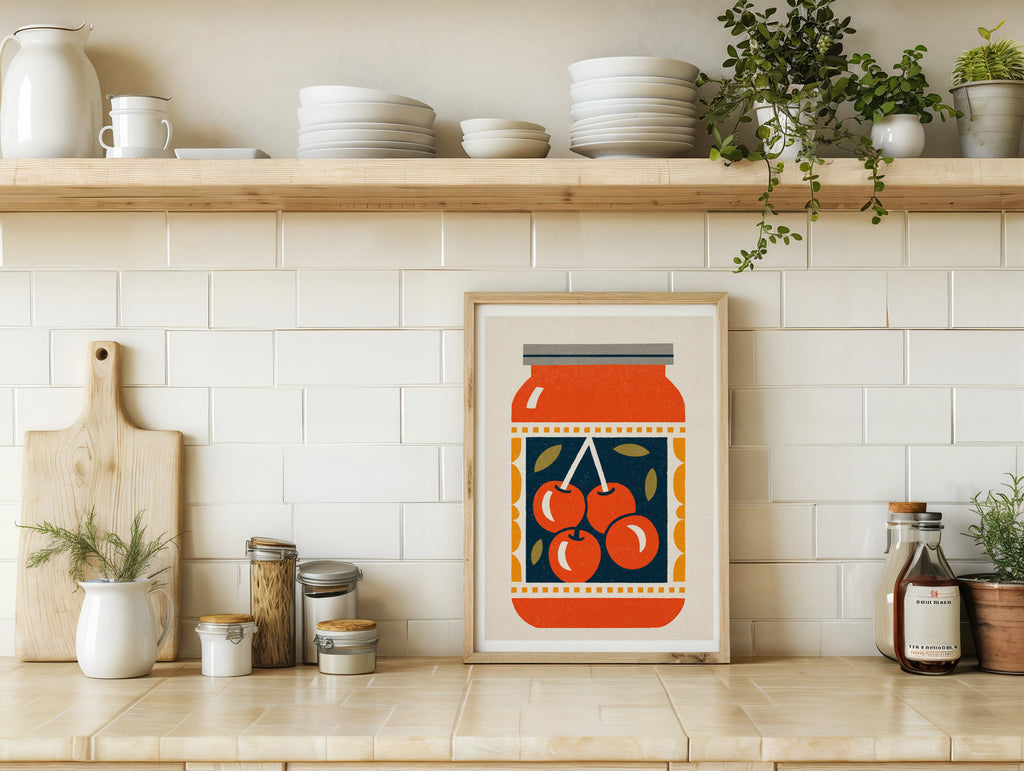 Vintage Food Poster Print, Cherry Jam Jar, Rustic Kitchen Decor, Retro Mid Century Risograph Art