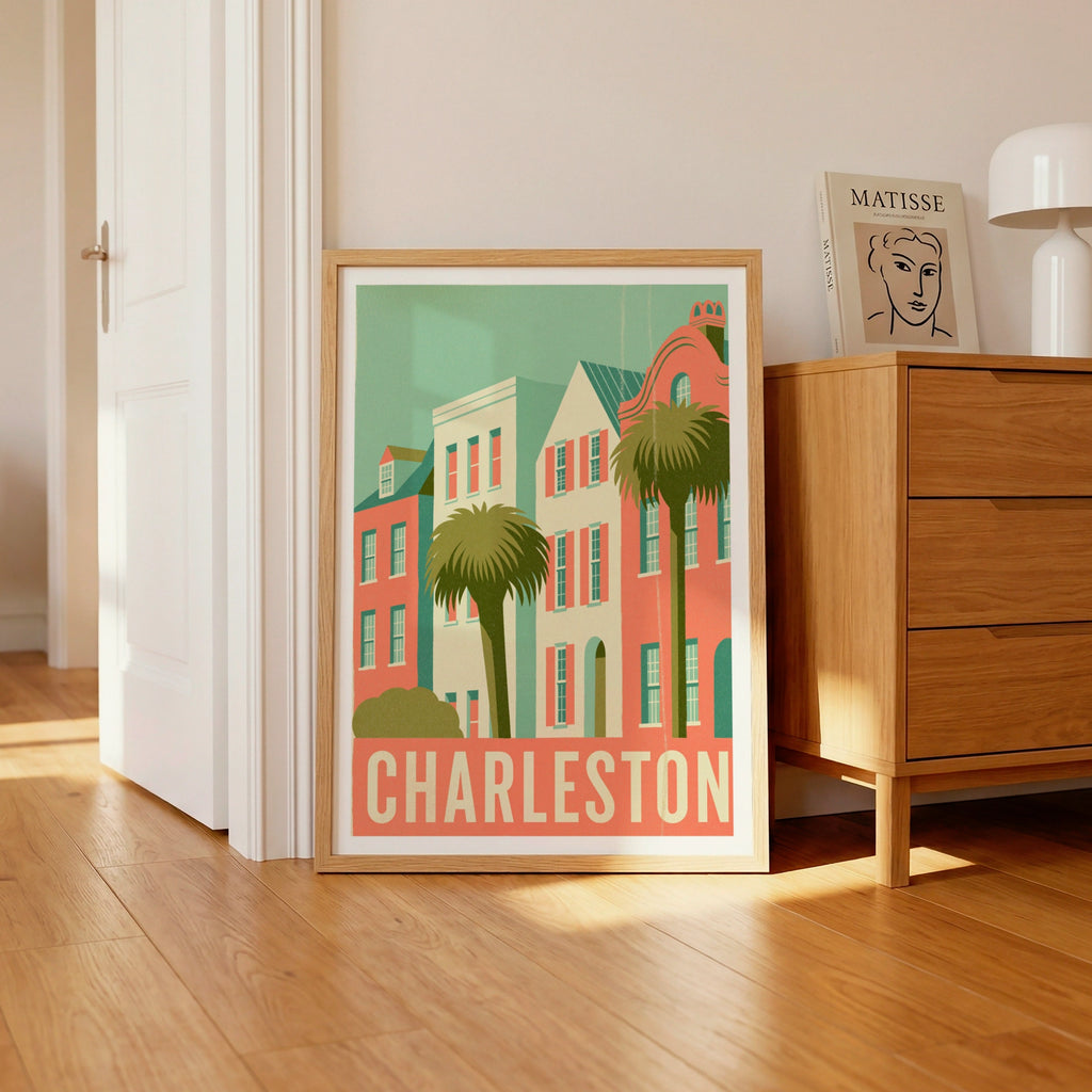 Charleston Retro Travel Poster, Rainbow Row Houses Print, South Carolina Wall Art