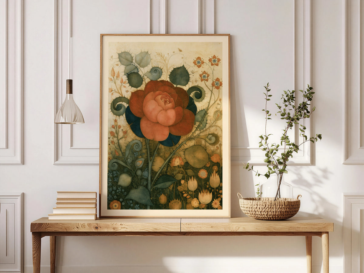 Vintage Rose Botanical Wall Art, Whimsical Floral Print, Rust Red Flower Poster, Cottage Garden