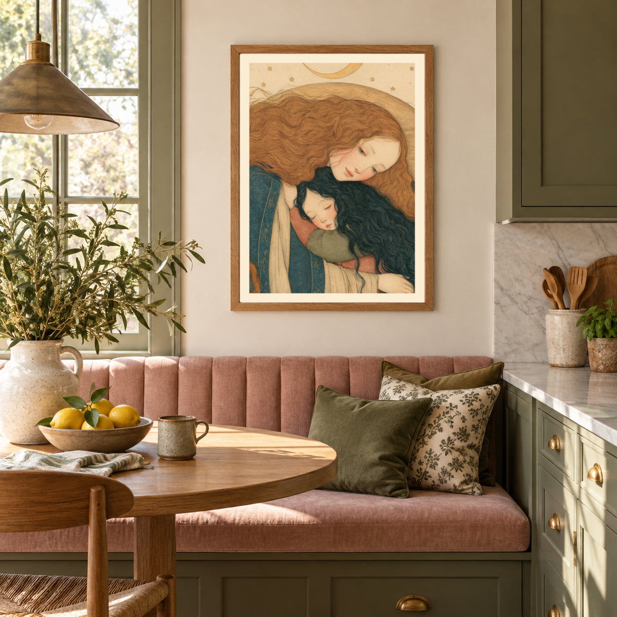 Mother and Child Art Print, Vintage Celestial Poster, Gold Crescent Moon and Stars, Nursery Wall