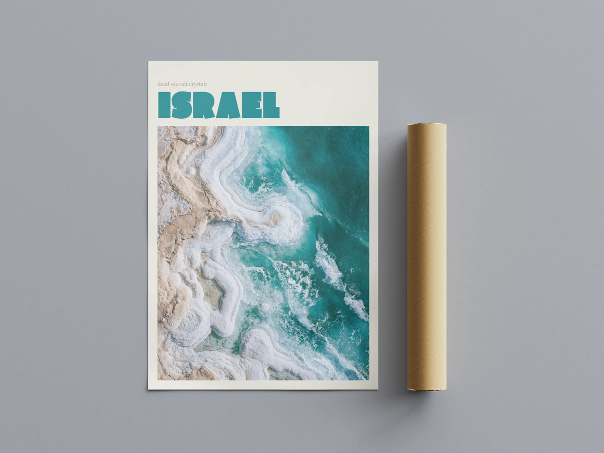 Israel Dead Sea Print, contemporary travel wall art, teal salt crystals aerial