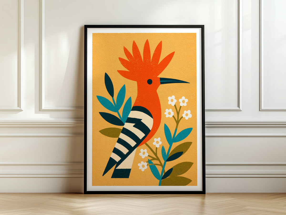 Retro Hoopoe Bird Poster, Vintage Mid Century Modern Wall Art, Orange Botanical Animal Art Print
