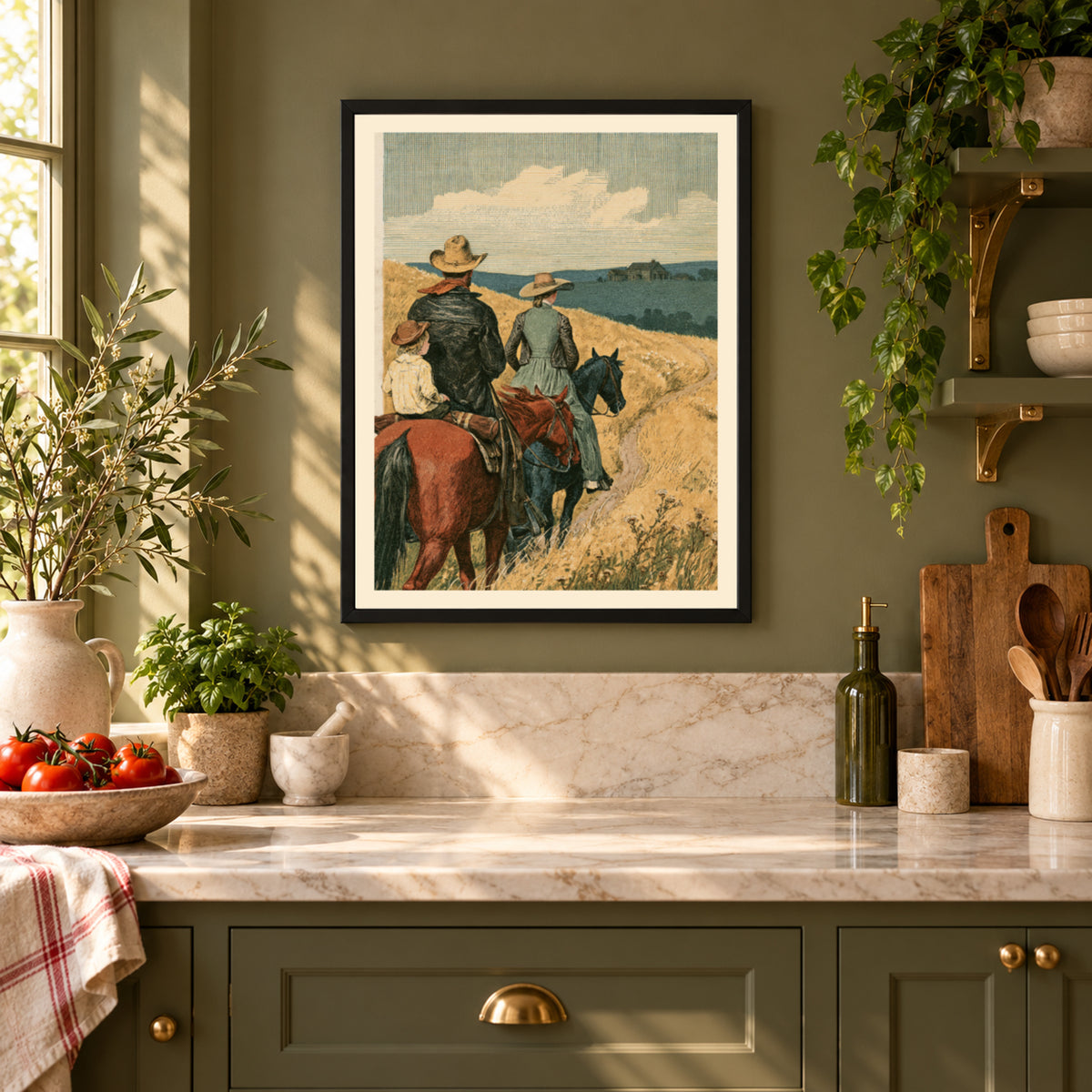 Vintage Western Print, Cowboy Family on Horseback, Prairie Landscape, Rustic Ranch Wall Art Poster