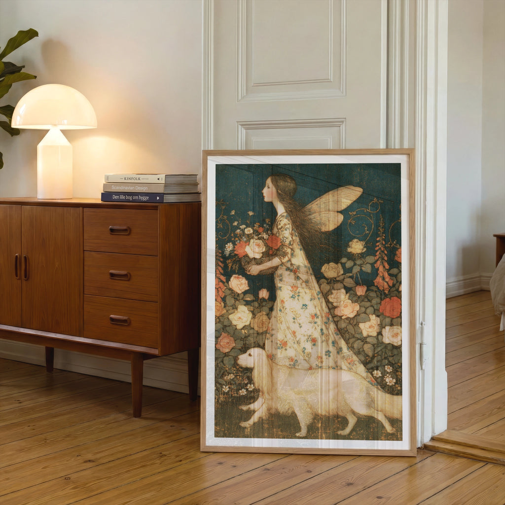 Fairy Garden Print, Classic Arthur Rackham Style Folk Art Poster, Rose Floral Wall Art, Vintage Fairy Dog Illustration