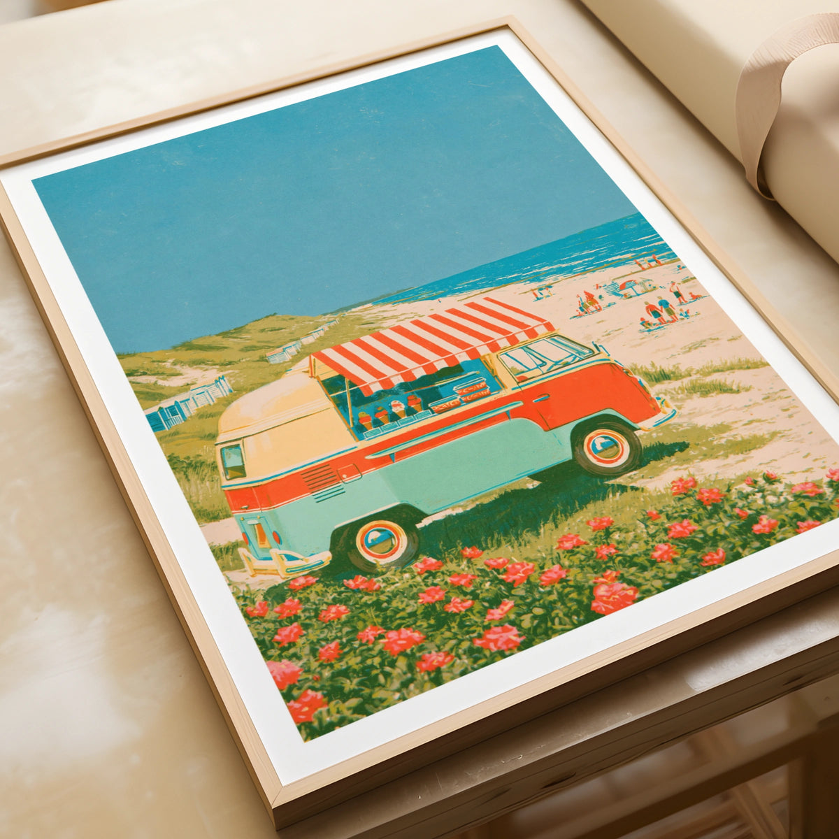 Retro Ice Cream Van Beach Poster, Vintage Camper Van Wall Art, Coastal Summer Print