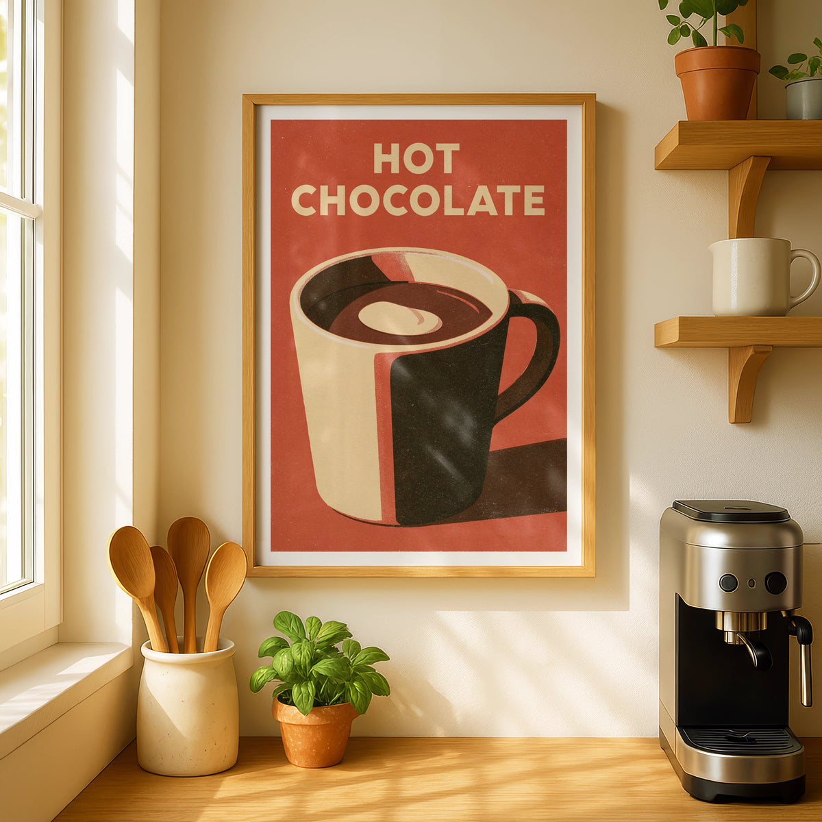 Hot Chocolate Vintage Food Poster Print | Rustic Kitchen Decor | Retro Mid Century Risograph Art