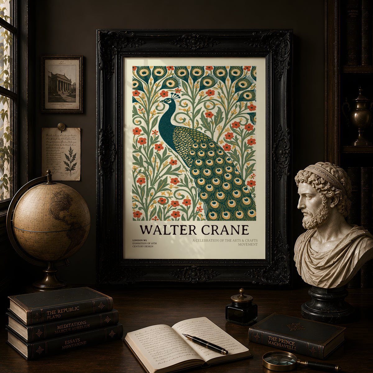 Walter Crane Peacock Print, Arts and Crafts Wall Art, Vintage Botanical Poster, Nature Floral Decor