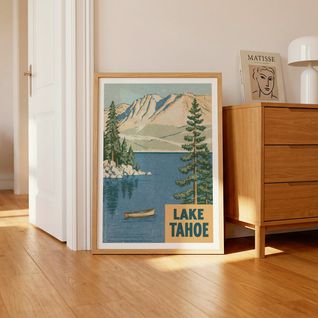 Lake Tahoe Retro Travel Poster, Vintage Travel Print, Sierra Nevada Mountain Lake, California